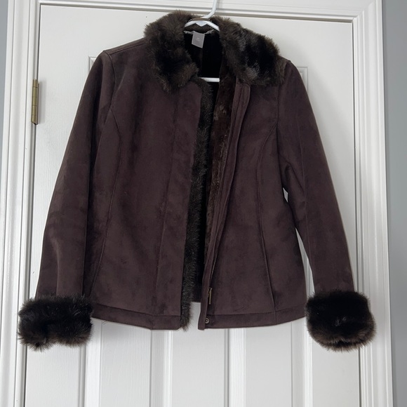 Women’s Ann Taylor Chocolate Brown Suede Jacket with Faux Fur Size M Petite - Picture 1 of 7